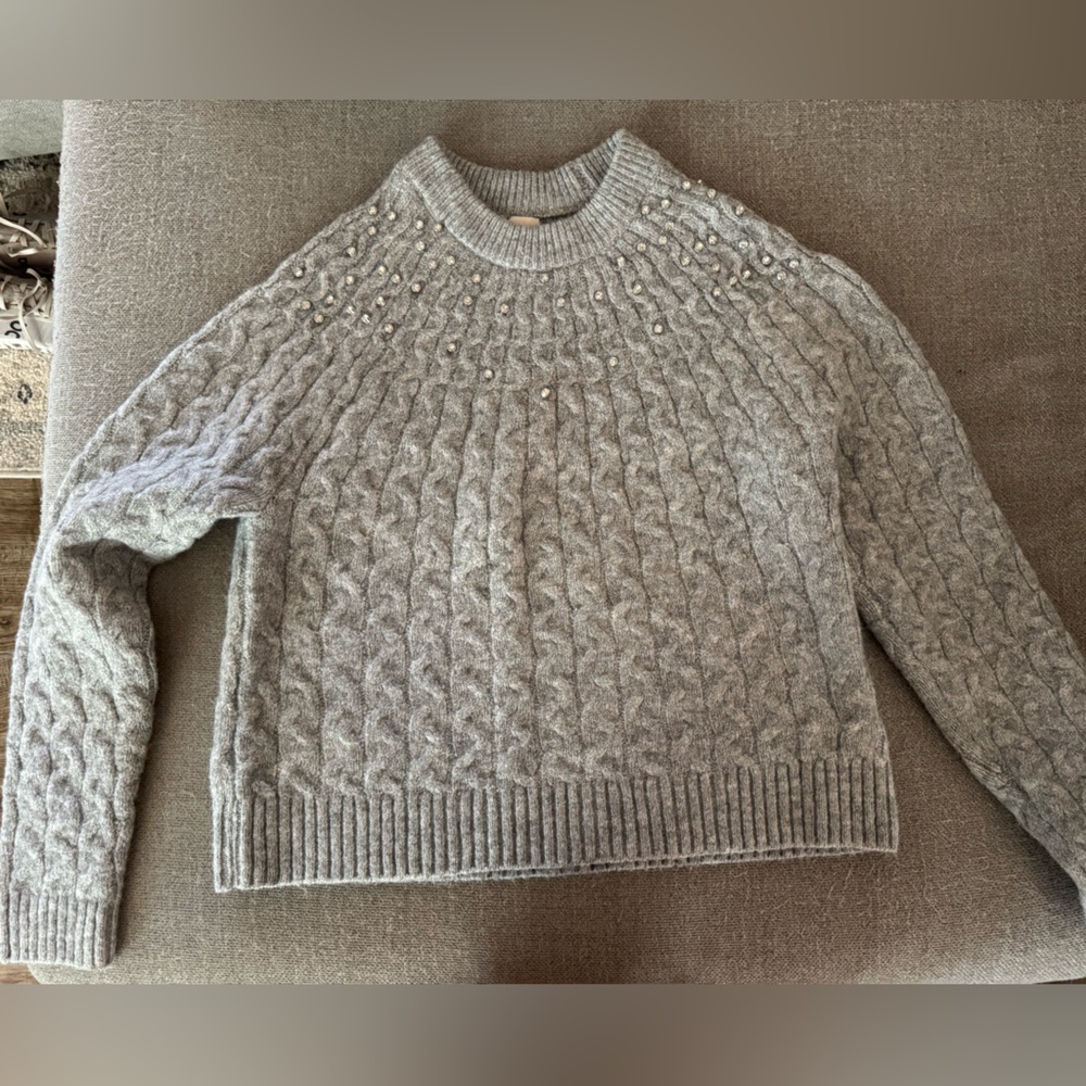 a new day Gray Rhinestone-Accent Cable Crewneck Sweater